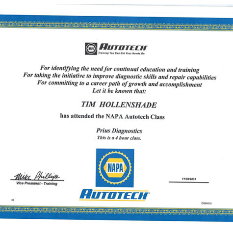 Training Certificate Toyota Prius Diagnostics Tim Hollenshade