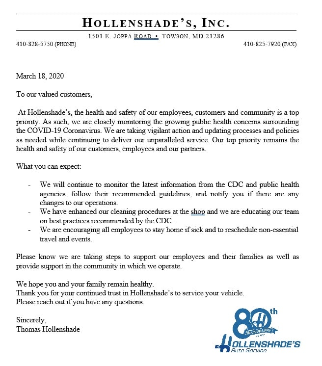 COVID-19 update statement on Hollenshade's automotive services website