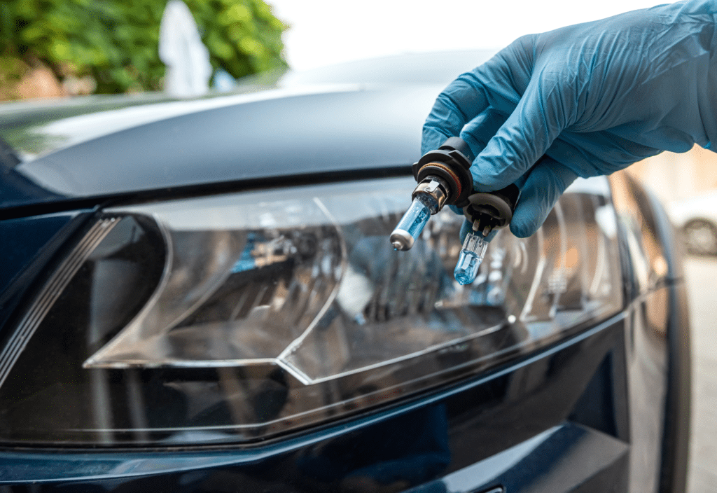 Image of a mechanic holding bulbs in front of a car's headlight